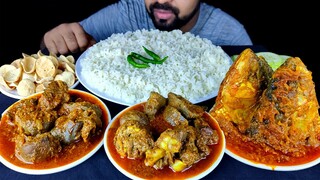 SPICY MUTTON LIVER and MUTTON HEART BHUNA, 2 HILSA FISH HEAD CURRY, RICE, PAPAD, SALAD ASMR MUKBANG|