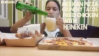 Real Mukbang MEXICAN PIZZA, CRUNCHY TACOS & FRIED CHICKEN WITH HEINEKEN