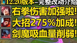 【英雄联盟】12.20版本完整改动介绍！腕豪右拳伤害加强!剑魔吸血削弱!猴子直接起飞/龙龟W不再减速自己/格温Q伤害加强/致命节奏远程只加50攻击距离！