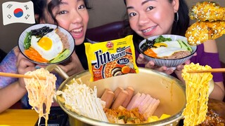 🇰🇷BUDAE JJIGAE(ARMY STEW) W/ ENOKI, SPAM, TOFU | BIBIMBAP & KOREAN SPICY FRIED CHICKEN MUKBANG