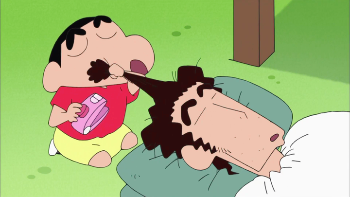 The sensible Shin-chan helps his sleeping father shave his hair. His father must be very happy when 