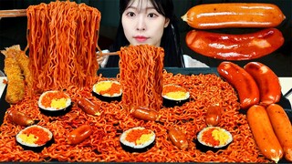 ASMR MUKBANG| 직접 만든 불닭볶음면 소세지 김밥 먹방 & 레시피 FRIED SAUSAGES AND FIRE NOODLES EATING