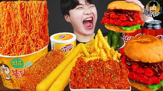 ASMR MUKBANG 직접 만든 햄버거 치즈스틱 불닭볶음면 핫도그 먹방 & 레시피 FIRE NOODLES AND BURGER EATING SOUND!