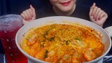 Shin Ramyun Noodle Soup Or Korean Mama With Shrimp And Egg.Mukbang Sounds