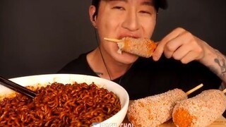 ASMR BLACK BEAN FIRE NOODLES & MOZZARELLA CORN DOGS MUKBANG (No Talking) EAT