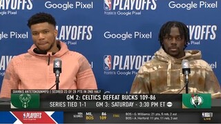 Giannis on the Celtics' stuffy defence: "Jaylen Brown started the game on fire. I've seen it a bit"