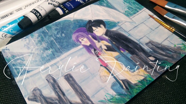 [Part 2] Menggambar Kubo san dan Shiraishi yang sedang berjalan bersama saat hujan Acrylic Painting