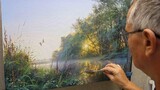 [ภาพวาดสีอะครีลิค] พื้นผิวของทะเลสาบมีไอน้ำเป็นหมอกและมีแสงยามเช้าเป็นระลอก