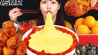 ASMR มุกบัง โฮมเมด Tteokbokki Seasoned Chicken Cheese Mukbang & สูตรไก่ทอดและ Tteokbokki EATING