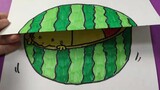 [Handcraft] Folded Paper Drawing: Cat Sneaking Some Watermelon