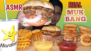 ASMR | HARDEES BURGER 🍔, ONION RINGS, WAFFLE FRIES | MUKBANG (eating show)먹방  inyaki tv هارديز برجر