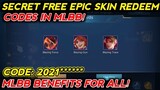 SECRET REDEEM CODES FREE EPIC SKIN MLBB BENEFITS FOR ALL! REDEEM IN PUBLIC CHAT! MOBILE LEGENDS
