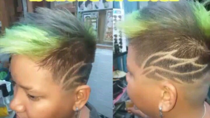 HAIRCUT with SHAVE ART and HAIR COLOR ASH GREY with NEON GREEN