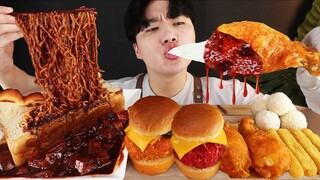 ASMR MUKBANG 버섯 햄버거 & 치즈 스틱 & 양념 치킨먹방! FIRE Noodle & FRIED CHICKEN & CHEESE STICK EATING SOUND!