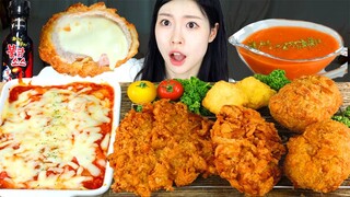 ASMR MUKBANG| 직접 만든 치즈 돈까스 불닭 파스타 먹방 & 레시피 FRIED CHEESE CUTLET AND FIRE NOODLES EATING