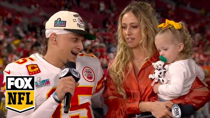 Patrick Mahomes speaks with the 'NFL on FOX' crew after Chiefs' win vs. Eagles in Super Bowl LVII