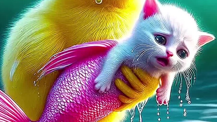 Chicken rescues a mermaid cat
