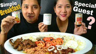 Simple Filipino Breakfast: Delimondo Corned Beef, Century Tuna, Sriracha Sardines (special guest)