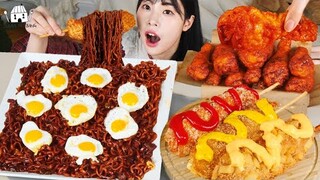 ASMR MUKBANG| 직접 만든 짜짜로니 & 양념치킨 핫도그 먹방 & 레시피 FRIED CHICKEN AND BLACK BEAN NOODLES EATING