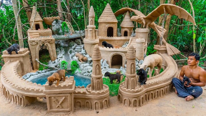 Rescued puppies from the cave. Build a castle for puppies, and moat around.