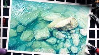 【水彩教程】水彩手绘过程写实风景画光云大海礁石海浪系列—波光粼粼