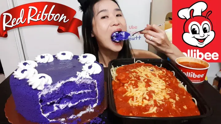 Filipino Bakery Red Ribbon Ube Cake & Jollibee Jolly Spaghetti Noodles - Dessert Mukbang Asmr Eating