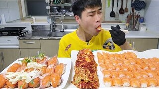 꽃돼지 연어파티 연어초밥 배추겉절이 한식 일식먹방[korean food]mukbang Eating show 吃播