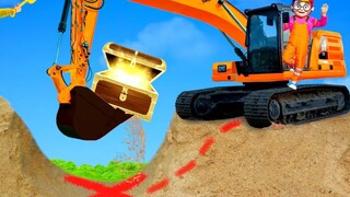 Children playing excavator digging treasure, excavator digging soil video excavator cartoon car engi