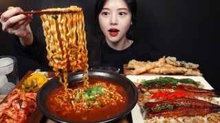 [Mukbang TV] - Mì gói jjambbong cay + cơm phủ cá chình + tôm chiên | ASRM