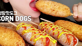 CORN DOG ASMR กินเสียง (ไม่พูด) เกาหลี + ฮอทดอกร่าเริง Mukbang เสียงจริง