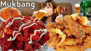 🍗직접튀긴 양념치킨,후라이드치킨,새우토핑🍺 더운날엔 쌩맥주에 치킨이 최고😋 슈프림치킨 CHICKEN BEER MUKBANG ASMR EATINGSHOW REALSOUND 요리 먹방