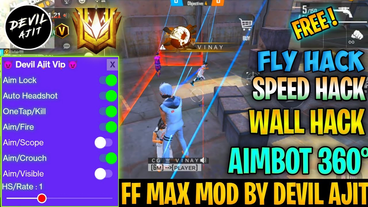 Free Fire Max Mod Menu Hack OB34 Update Today,100% Rank+Fly+Vbadge