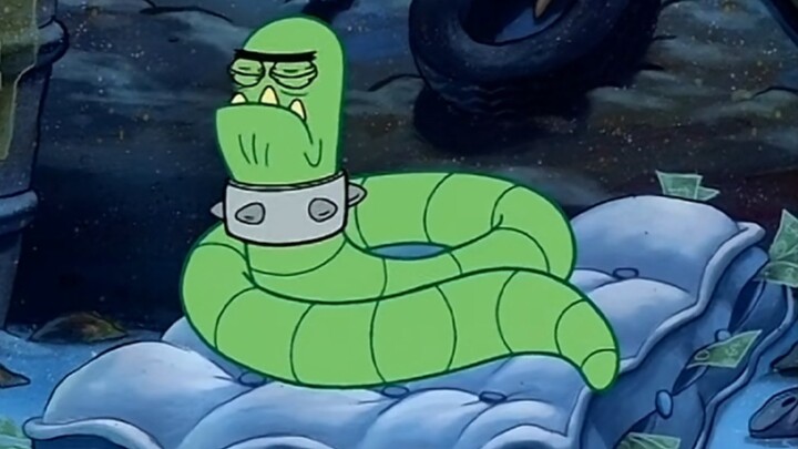 Pet Rex loyally protects Mr. Krabs’ money-filled mattress