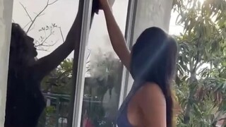 cleaning my window big boobs no bra