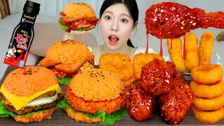 ASMR MUKBANG| 직접 만든 불닭 버거 양념치킨 치즈스틱 먹방 & 레시피 FRIED CHICKEN AND HAMBURGER EATING