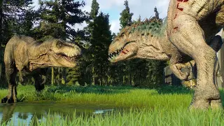 2x TYRANNOSAURUS REX vs 2x INDOMINUS REX (JWD DINOSAURS BATTLE) - Jurassic World Evolution 2