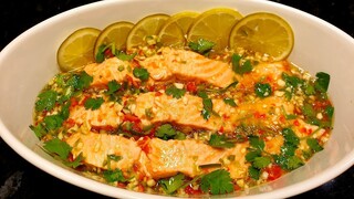 แซลมอนนึ่งมะนาว รสแซ่บ เผ็ดน้อย | Steamed salmon with lime (Thai style) Healthy & Tasty