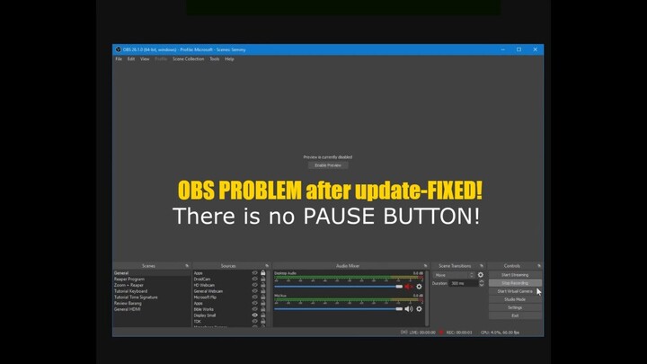Pause button missing after update OBS 26 (SOLVED less than 1 minute)