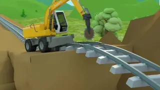 Excavator cartoon, excavator and mixer truck build bridge rails