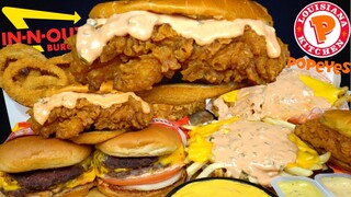 ASMR MUKBANG ANIMAL STYLE IN-N-OUT BURGERS, POPEYES CHICKEN & FRIES | WITH CHEESE & ONION RINGS