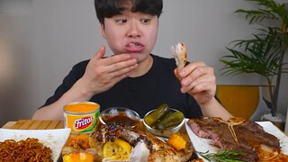 mukbang gà nướng và beefsteak #food