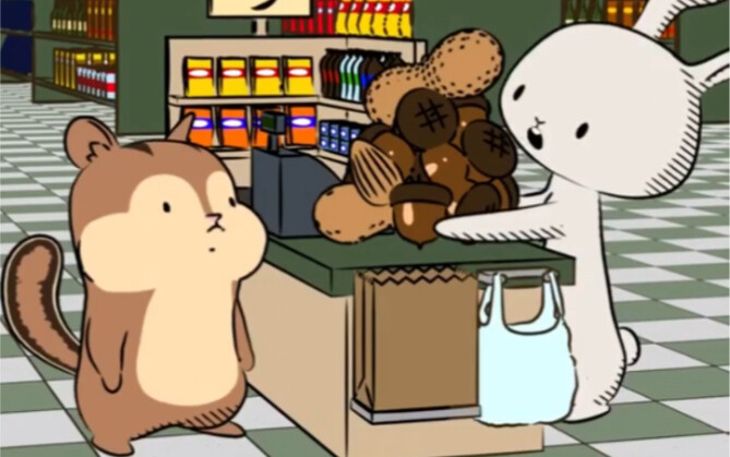 Tupai pendek animasi pergi berbelanja di supermarket