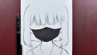 Easy anime sketch | how to draw anime girl wearing face mask step-by-step