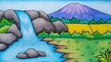Menggambar pemandangan gunung dan air terjun || Belajar menggambar dan mewarnai dengan mudah
