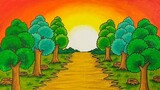 Menggambar pemandangan hutan || Menggambar matahari terbit || Menggambar pohon