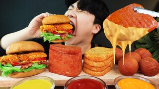 ASMR MUKBANG 스테이크 햄버거 & 치즈 통스팸 & 해쉬브라운 감자 치즈볼 STEAK BUGGER & HASH BROWNS & CHEESE SPAM EATING SOUND!