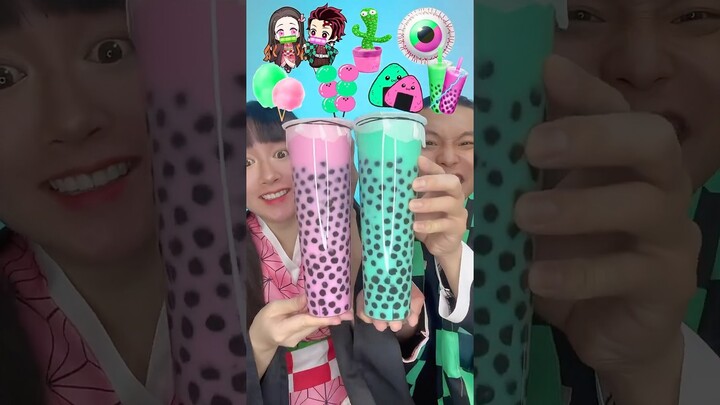 Random Pink Green Food Mukbang ASMR 🥵bubble tea boba#asmr #mukbang #shorts #demonslayer