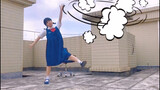 A middle school girl cosplays Chika Fujiwara and dances