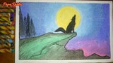 How to draw Werewolf Scenery Moonlight Oil Pastel step by step