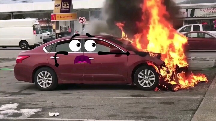 [Funny] When The Fire Burning Car Has Facial Expressions